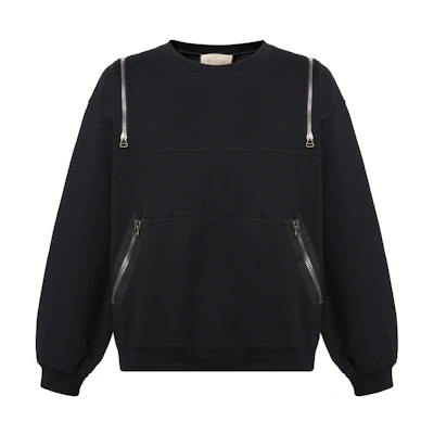 Gucci SS22 Black Logo Print Zipper Crewneck Sweatshirt 715897-XJEVM-1043