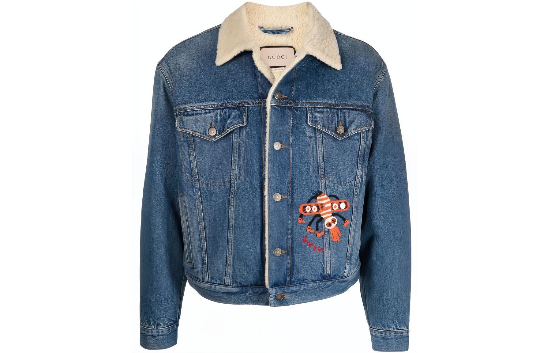 Gucci SS22 Blue Cartoon Embroidered Faux Fur Collar Jacket 662158-XDBPS-4447