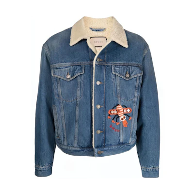 Gucci SS22 Blue Cartoon Embroidered Faux Fur Collar Jacket 662158-XDBPS-4447