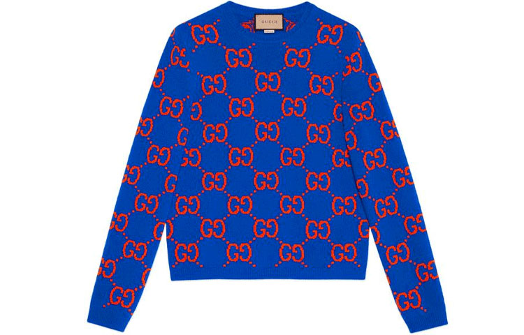 Gucci SS22 Blue GG Knit Wool Crewneck Sweater Pullover 674042-XKB3V-4370
