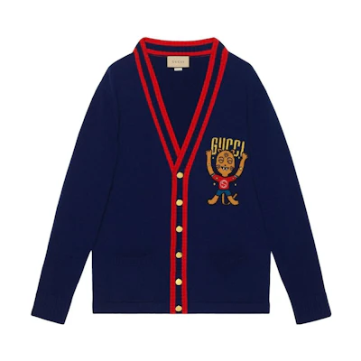 Gucci SS22 Blue V-Neck Cardigan with Logo Inlay 699068-XKCGK-4913