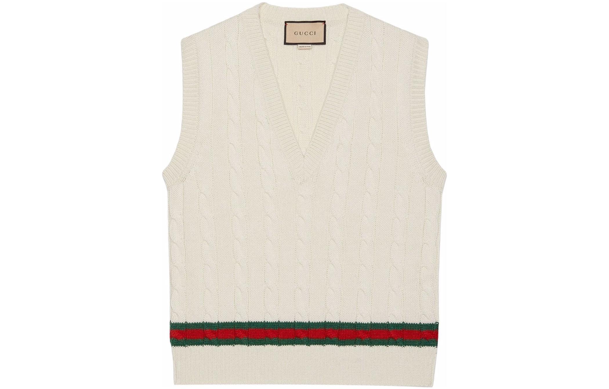 Gucci SS22 Cable Knit Vest with Red-Green Detail Off-White 681081-XKB2N-9275