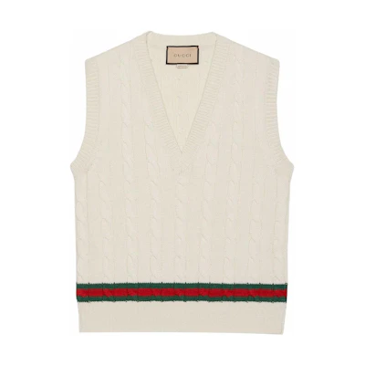 Gucci SS22 Cable Knit Vest with Red-Green Detail Off-White 681081-XKB2N-9275