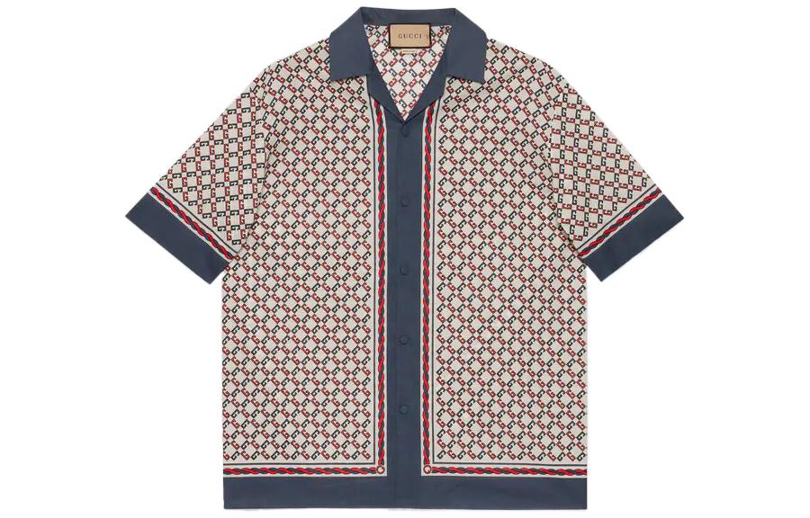 Gucci SS22 Geometric Logo Print Bowling Sunscreen Shirt Men Ivory White 690464-ZAIZX-9093