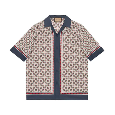 Gucci SS22 Geometric Logo Print Bowling Sunscreen Shirt Men Ivory White 690464-ZAIZX-9093