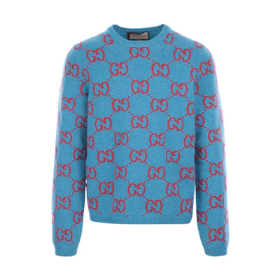Gucci SS22 GG Intarsia Knit Wool Sweater Blue 674042-XKB3V-4318