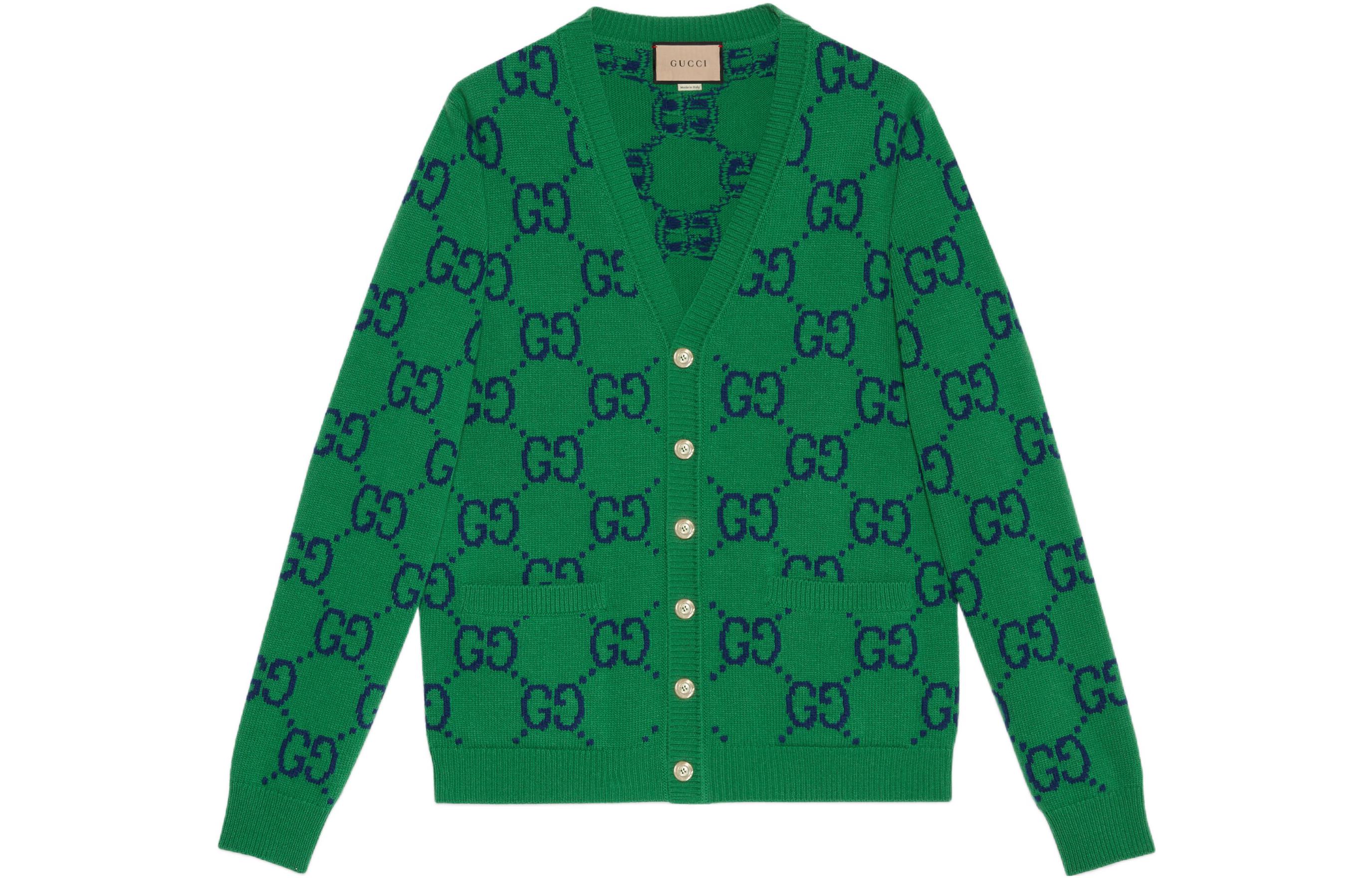 Gucci SS22 Green V-Neck Logo Jacquard Cardigan Sweater 674043-XKB3V-3129