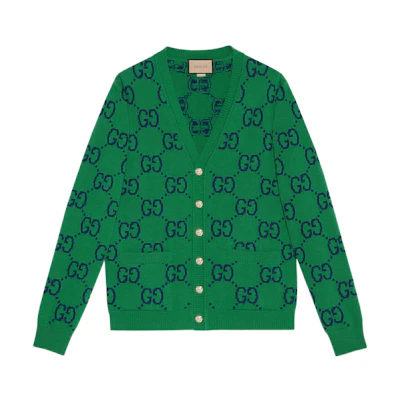 Gucci SS22 Green V-Neck Logo Jacquard Cardigan Sweater 674043-XKB3V-3129