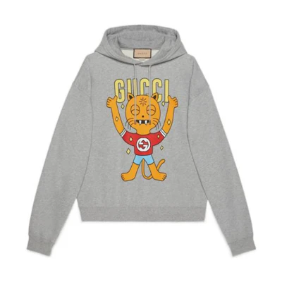 GUCCI SS22 Grey Alphabet Cat Print Hoodie Unisex Long Sleeve Casual Sweater 700120-XJEIV-1093