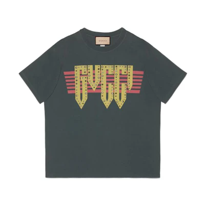 Gucci SS22 Logo Print Striped Crewneck Tee Black 616036-XJEUD-1117