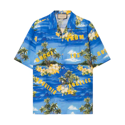 Gucci SS22 Love Parade Blue Botanical Print Short Sleeve Sunscreen Shirt 694124-ZAJSR-4464