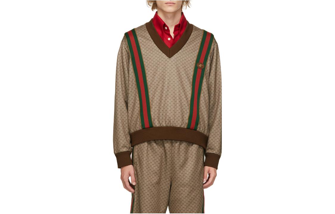 Gucci SS22 Mini GG Print Sweatshirt Brown Crewneck with Contrast Trim 221451M206004