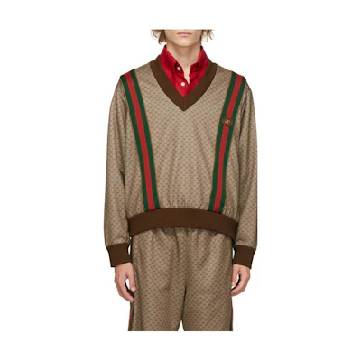 Gucci SS22 Mini GG Print Sweatshirt Brown Crewneck with Contrast Trim 221451M206004