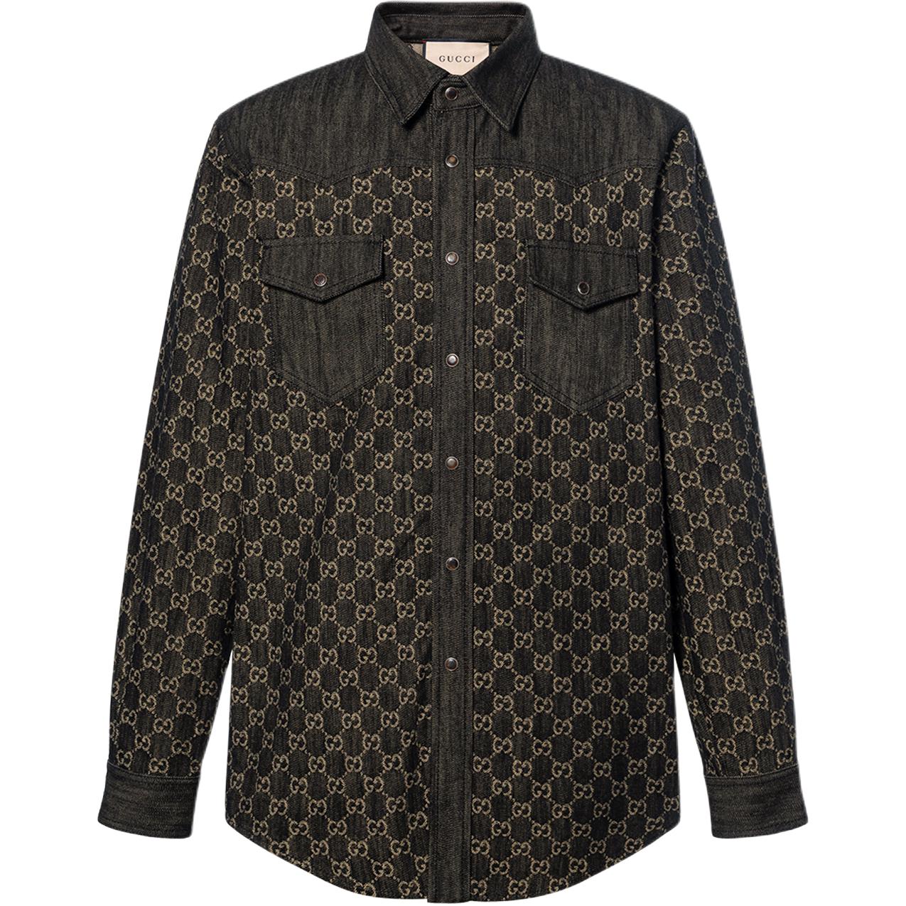 Gucci SS22 Monogram Jacquard Denim Long Sleeve Shirt Black Mens 669613-XDBUF-1289
