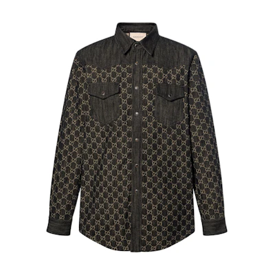 Gucci SS22 Monogram Jacquard Denim Long Sleeve Shirt Black Mens 669613-XDBUF-1289