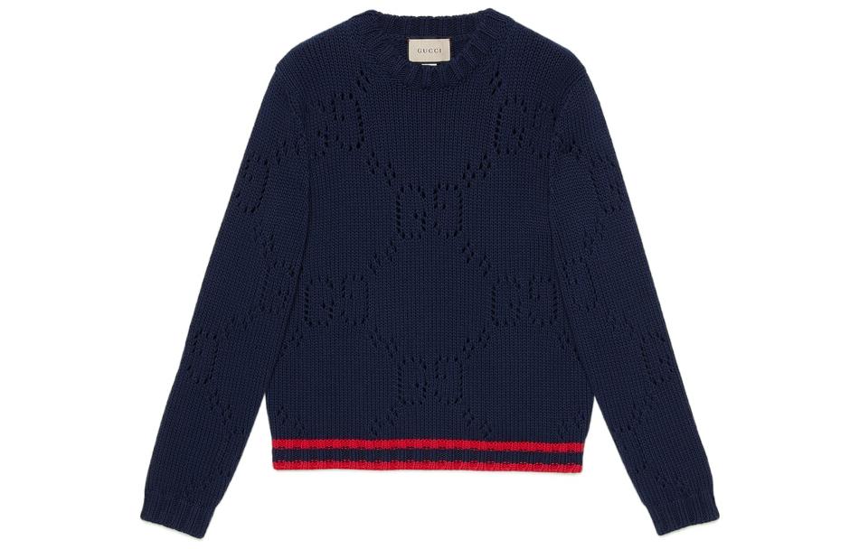 Gucci SS22 Navy Blue Alphabet Cutout Crewneck Sweater 692157-XKCBA-4668