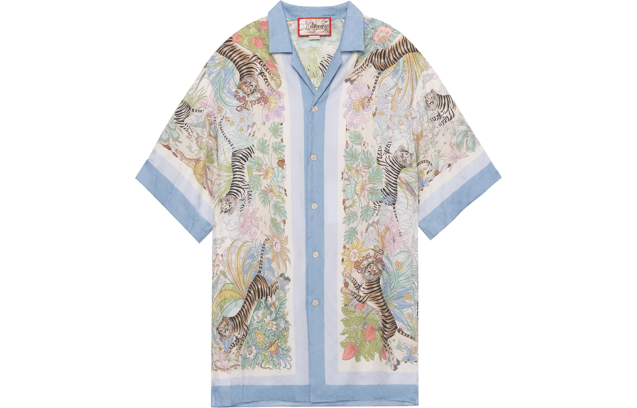 Gucci SS22 Single-breasted Ivory Blue Tiger Print Shirt 685929-ZAIKL-4311
