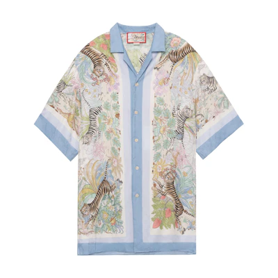Gucci SS22 Single-breasted Ivory Blue Tiger Print Shirt 685929-ZAIKL-4311