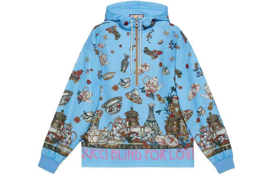 Gucci SS22 Teaware Print Knit Hoodie Blue - Long Sleeve 706907-XJERU-4020