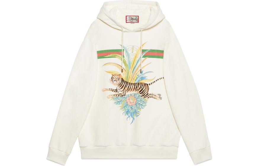 Gucci SS22 Tiger Print Pullover Hoodie Men Ivory White 623244-XJD3Z-9242