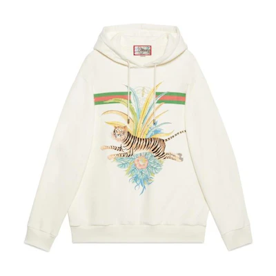 Gucci SS22 Tiger Print Pullover Hoodie Men Ivory White 623244-XJD3Z-9242