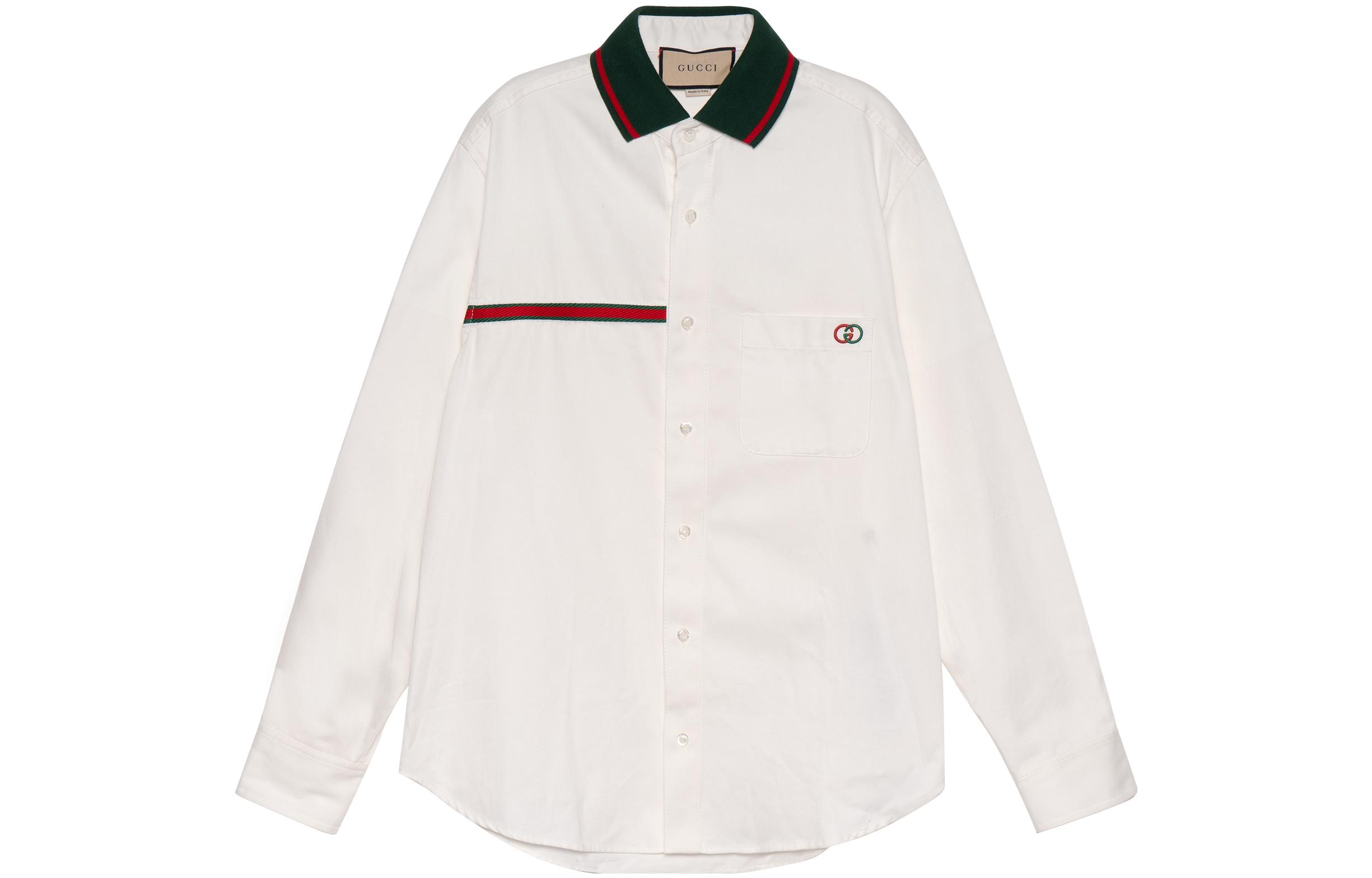 Gucci SS22 White Long Sleeve Shirt with GG Stripe Embroidered Logo 696757-XDBYR-9692