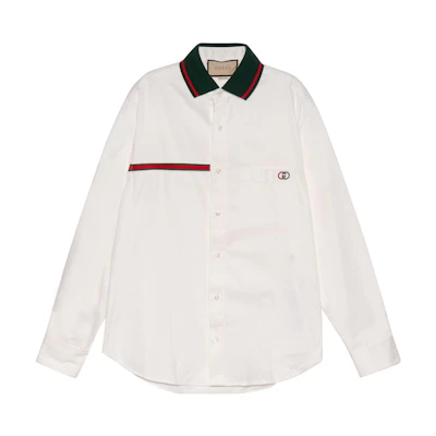 Gucci SS22 White Long Sleeve Shirt with GG Stripe Embroidered Logo 696757-XDBYR-9692