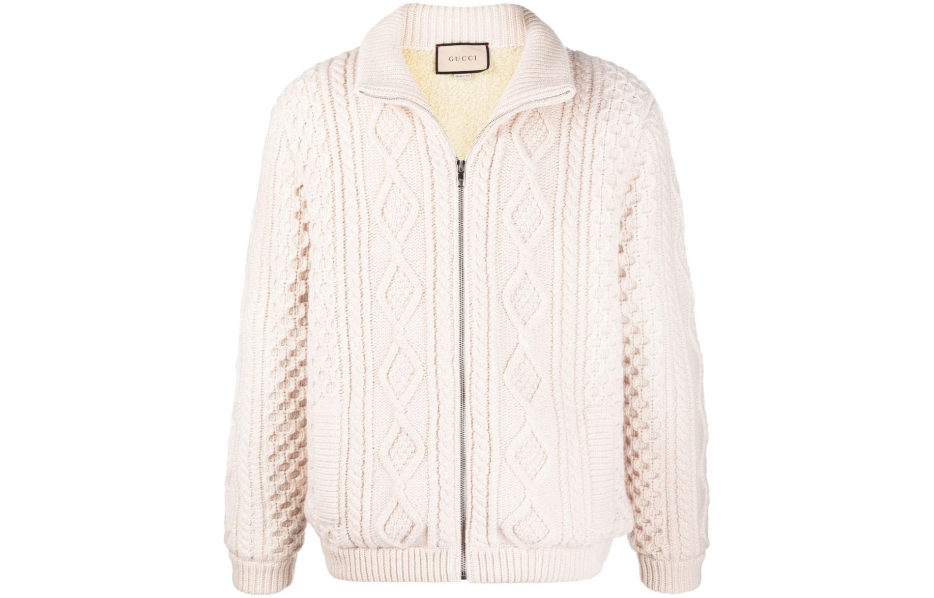 Gucci SS22 White Wool Cable Knit Aviator Jacket 661865-XKBX3-9200