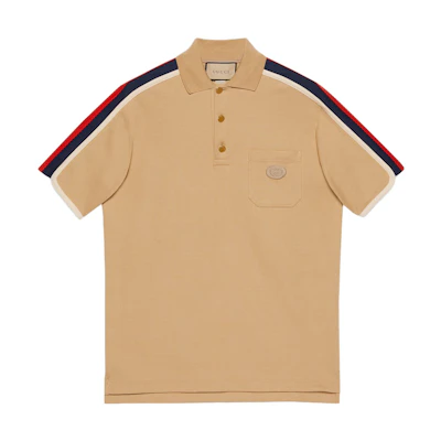 GUCCI SS23 Beige Striped Print Short-Sleeve Polo Shirt. 742382-XJFGI-9751