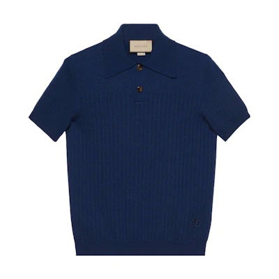 GUCCI SS23 Blue Solid Knit Short Sleeve Polo Shirt Casual Style 729527-XKC0O-4011