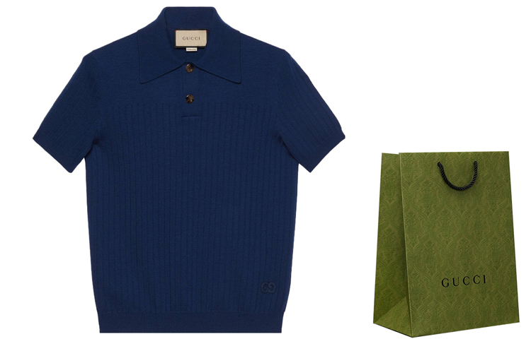 Lookbook GUCCI SS23  Blue Solid Knit Short Sleeve Polo Shirt Casual Style 729527-XKC0O-4011