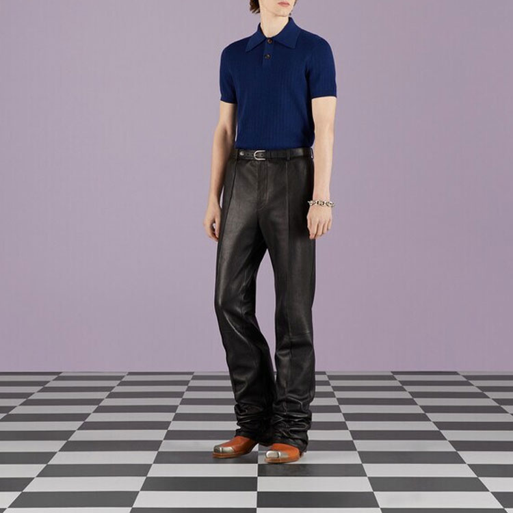 Shop GUCCI SS23  Blue Solid Knit Short Sleeve Polo Shirt Casual Style 729527-XKC0O-4011