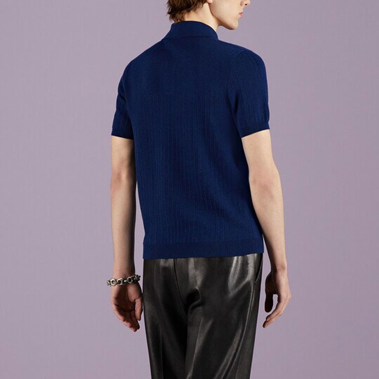Purchase GUCCI SS23  Blue Solid Knit Short Sleeve Polo Shirt Casual Style 729527-XKC0O-4011