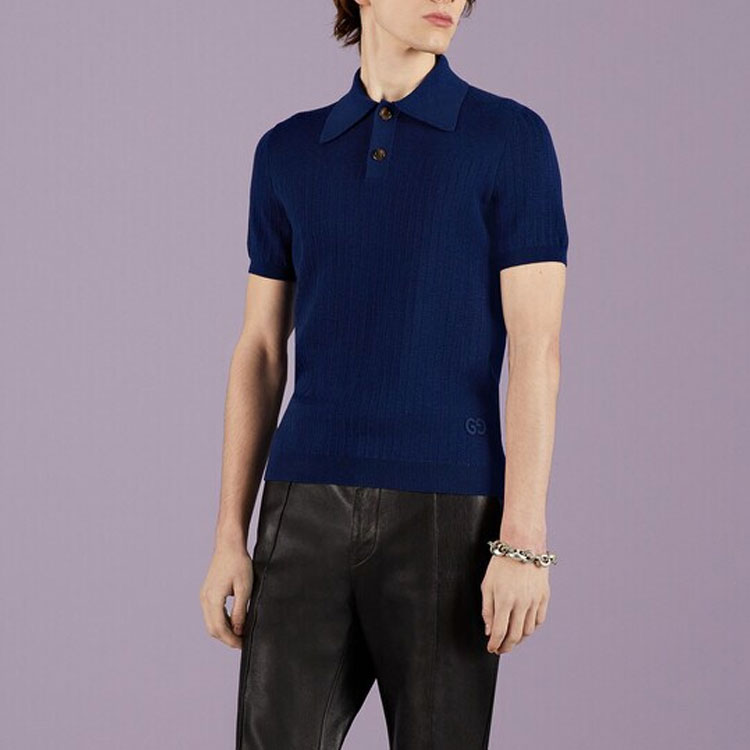Details for GUCCI SS23  Blue Solid Knit Short Sleeve Polo Shirt Casual Style 729527-XKC0O-4011