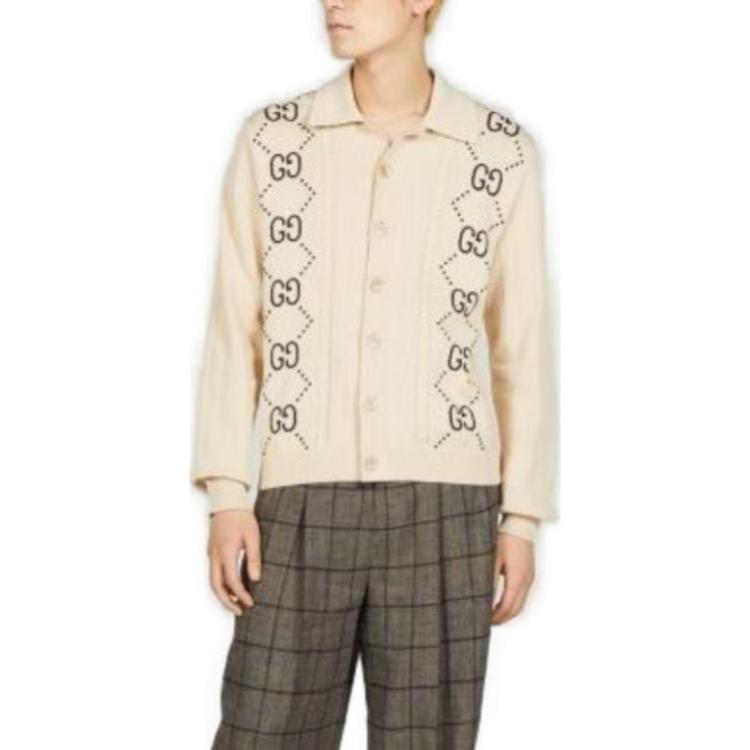 Shop GUCCI SS23 修身logo印花针织长袖衬衫 米色. 747097-XKC6F-9071