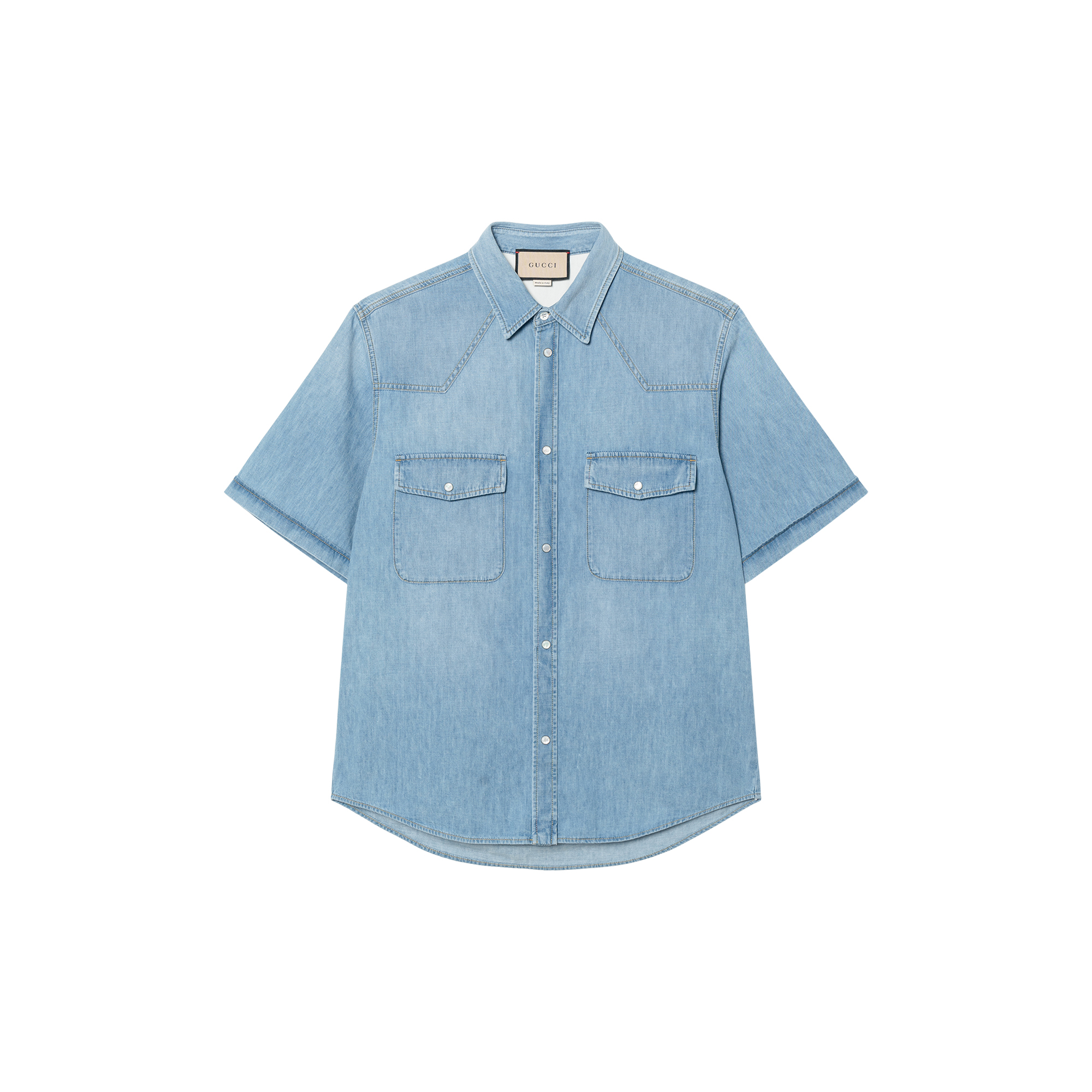 GUCCI SS23  Light Blue Denim Short-Sleeve Shirt with Chest Pockets. 729938-XDCC2-4447
