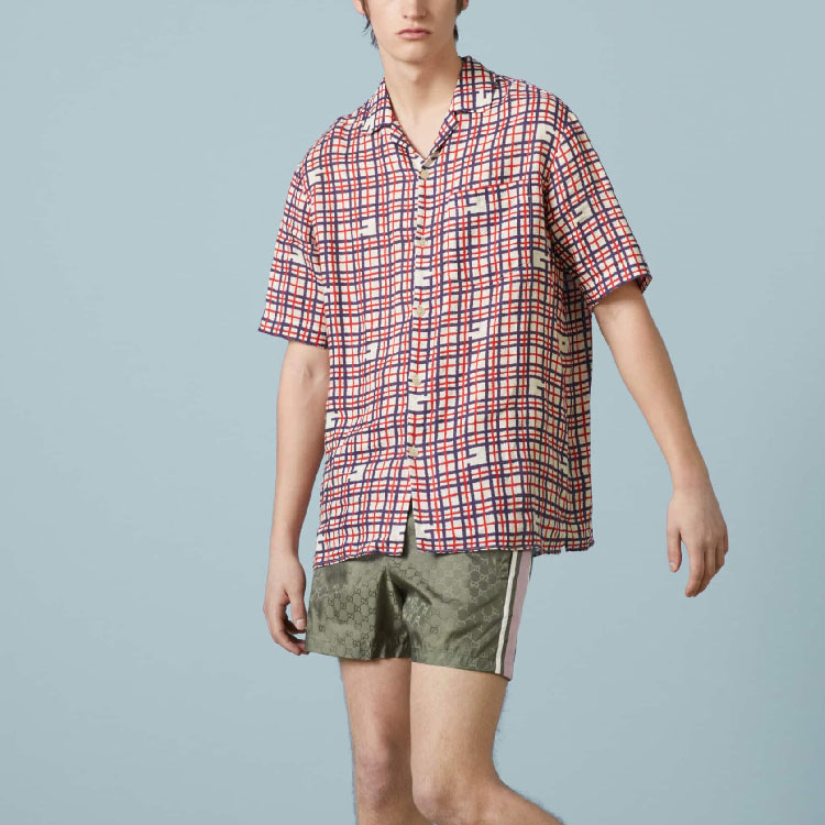 Purchase GUCCI SS23 Kemeja Lengan Pendek Cetakan Petak Merah Kolar Gaya Cuba. 742706-ZAN3K-6359