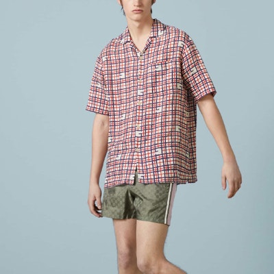 GUCCI SS23 Kemeja Lengan Pendek Cetakan Petak Merah Kolar Gaya Cuba. 742706-ZAN3K-6359 Purchase GUCCI SS23 Kemeja Lengan Pendek Cetakan Petak Merah Kolar Gaya Cuba. 742706-ZAN3K-6359