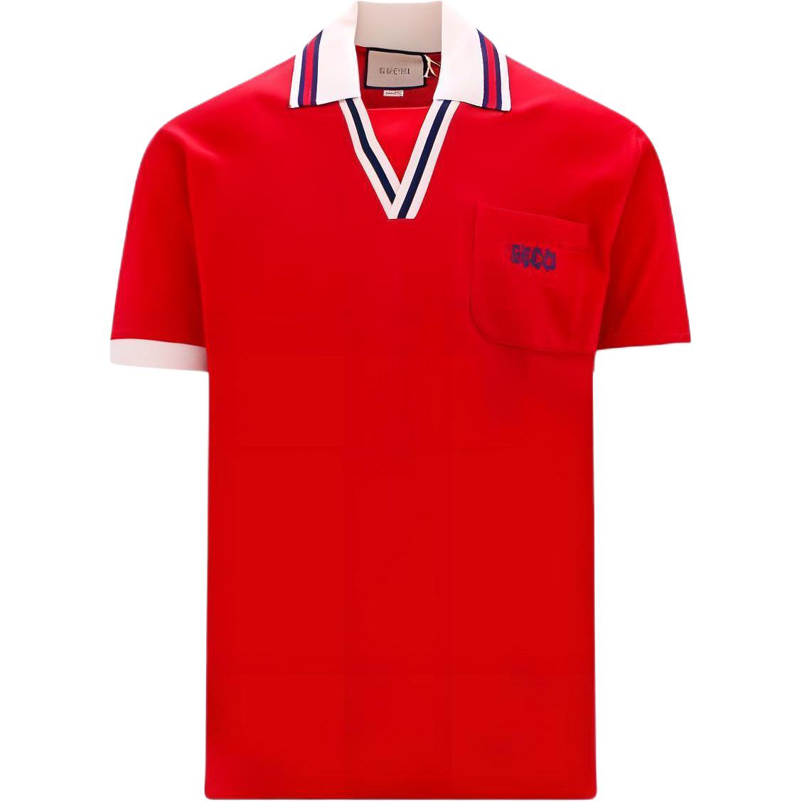 GUCCI SS23  Red V-Neck Polo Shirt with Logo Embroidery and Contrast Rib Trim. 737667-XJFGK-6429