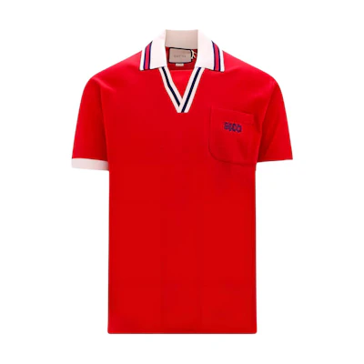 GUCCI SS23 Red V-Neck Polo Shirt with Logo Embroidery and Contrast Rib Trim. 737667-XJFGK-6429