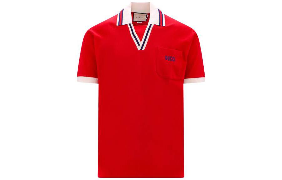 GUCCI SS23  Red V-Neck Polo Shirt with Logo Embroidery and Contrast Rib Trim. 737667-XJFGK-6429 圖 2