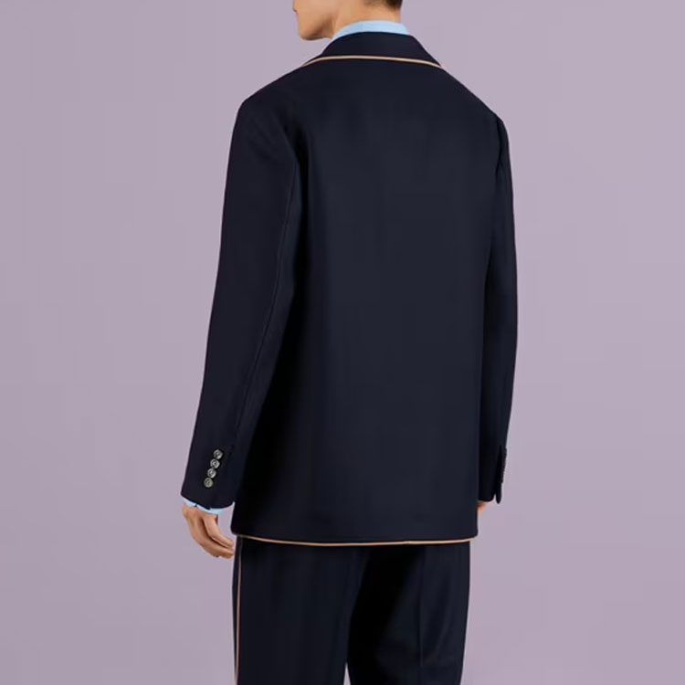 Shop GUCCI SS23 深藍色羊絨斜紋西裝外套 722473-Z6519-4440