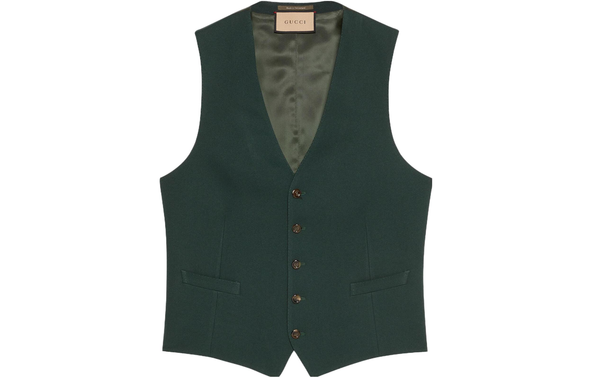 Order GUCCI SS23  Solid V-Neck Sleeveless Formal Vest in Dark Green. 673191-Z798C-3149