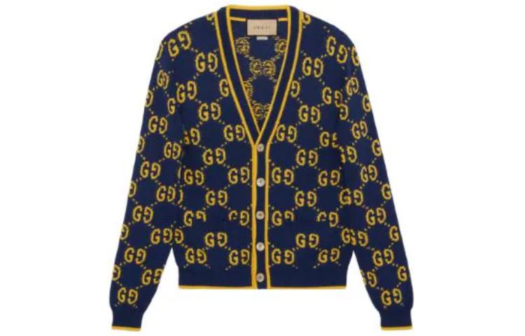 Gucci SS23 All-Over Print Cardigan Knit Sweater Navy Blue 740509XKC6B