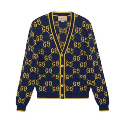 Gucci SS23 All-Over Print Cardigan Knit Sweater Navy Blue 740509XKC6B