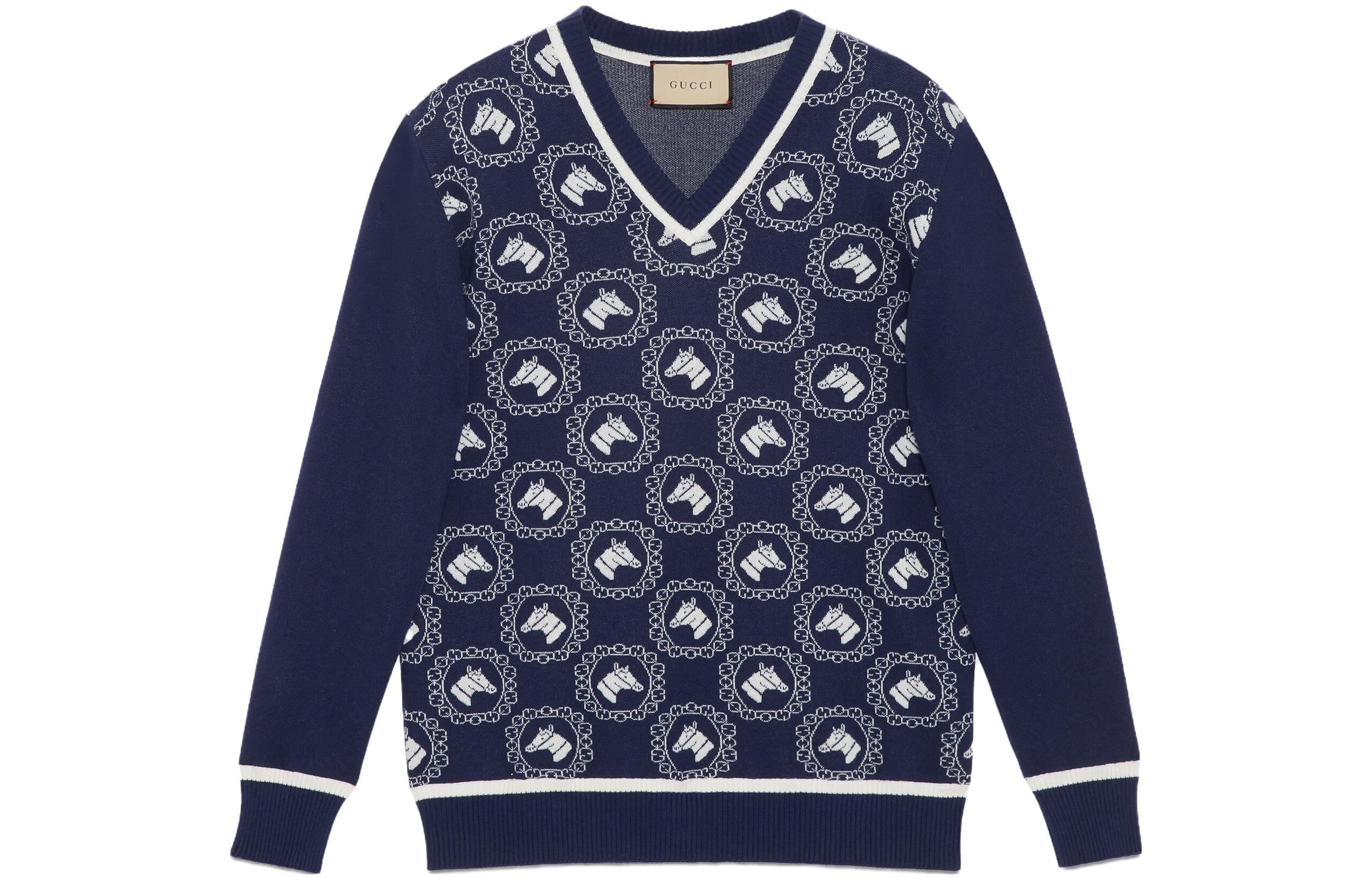 Gucci SS23 Animal Inlay V-Neck Blue Knitted Sweater 740669-XKC6N-4492