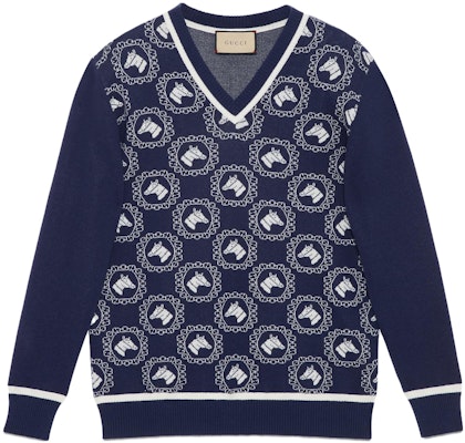 古驰SS23动物图案嵌饰蓝色V领针织毛衣 740669-XKC6N-4492 Buy 古驰SS23动物图案嵌饰蓝色V领针织毛衣 740669-XKC6N-4492