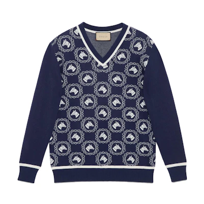 Gucci SS23 Animal Inlay V-Neck Blue Knitted Sweater 740669-XKC6N-4492