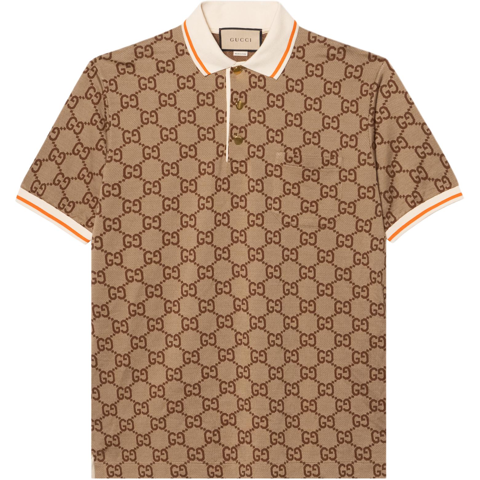 Gucci SS23 Beige Logo Print Stripe Trim Short Sleeve Polo Shirt 742384-XJFGU-2270