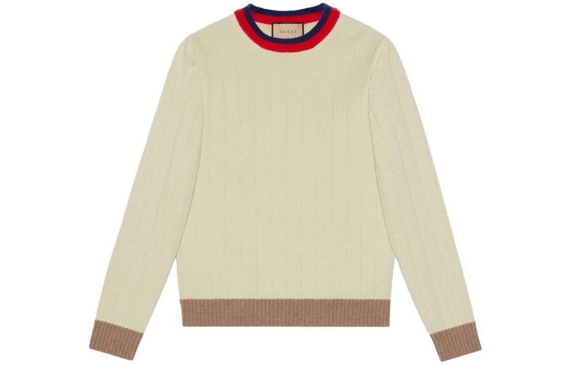 Gucci SS23 Beige Long Sleeve Sweater with Striped Trims 716348-XKCQD-9275